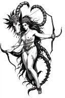 female centaur with scorpion tail and bull headdress shooting bow and arrow tattoo design idea