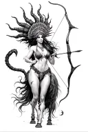female centaur with scorpion tail and bull headdress shooting bow and arrow tattoo design idea