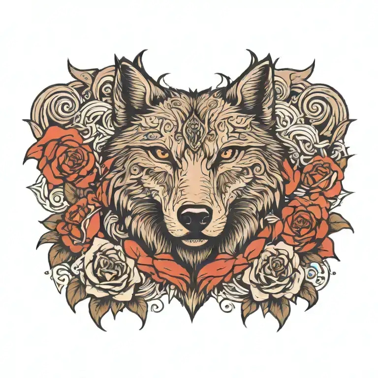rose wolf howling tattoo design idea