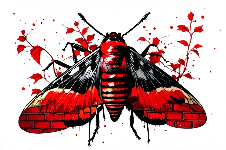 moth resting on a brick wall with red vines growing tattoo design idea