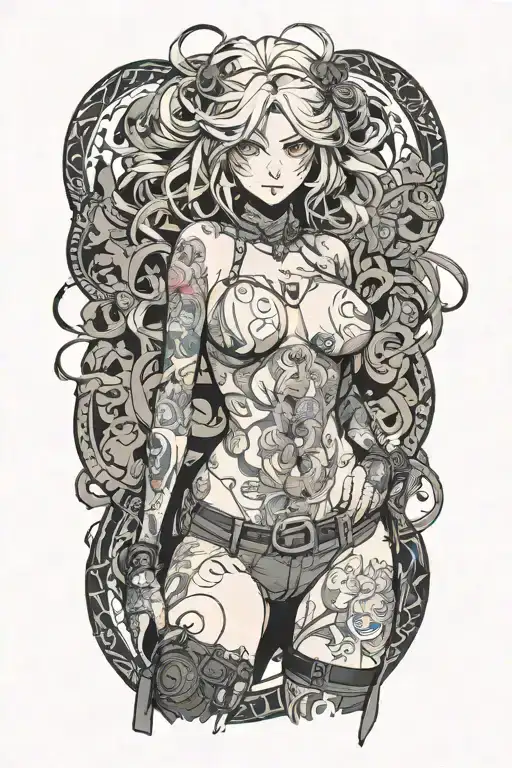 Sexy Pale Girl,petite, big boobs, wide hips, G-String. Messy hair, full nude , sexual. Seductive smile. Full Body tattoo design idea