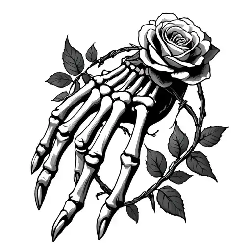 skeleton hand tattoo with barb wire rose around it tattoo design idea