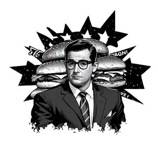 don draper from mad men surrounded by the brands he worked on drawn in the style of bobs burgers.  tattoo design idea