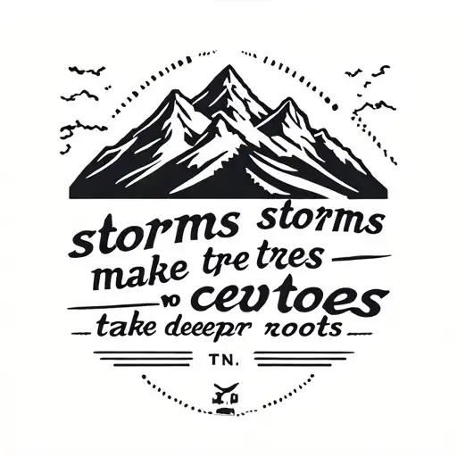 post card design for thigh including smokey mountains, TN stamp, & a quote "storms storms make trees take deeper roots" tattoo design idea