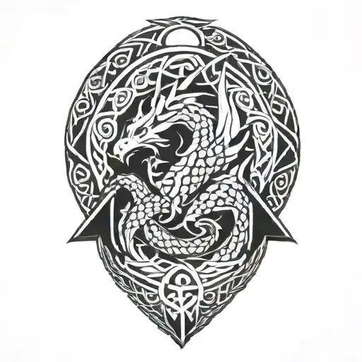 dragon with celtic knot scales wrapping around a Valknut  tattoo design idea