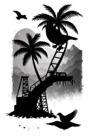 Palm trees dove flying coal mining tools dad daughter son silhouette tattoo design idea