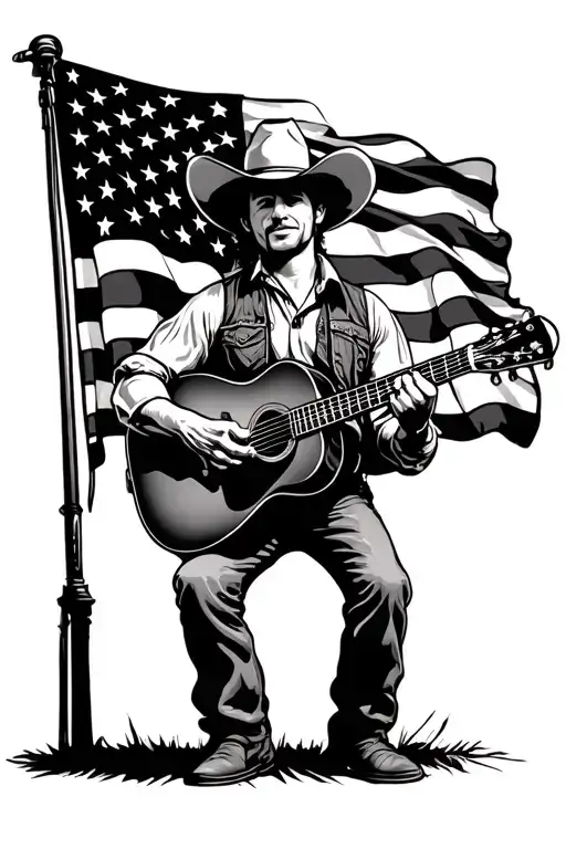 cowboy playing guitar, Nashville, American flag, Ryman auditorium, country music tattoo design idea