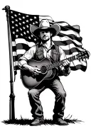 cowboy playing guitar, Nashville, American flag, Ryman auditorium, country music tattoo design idea