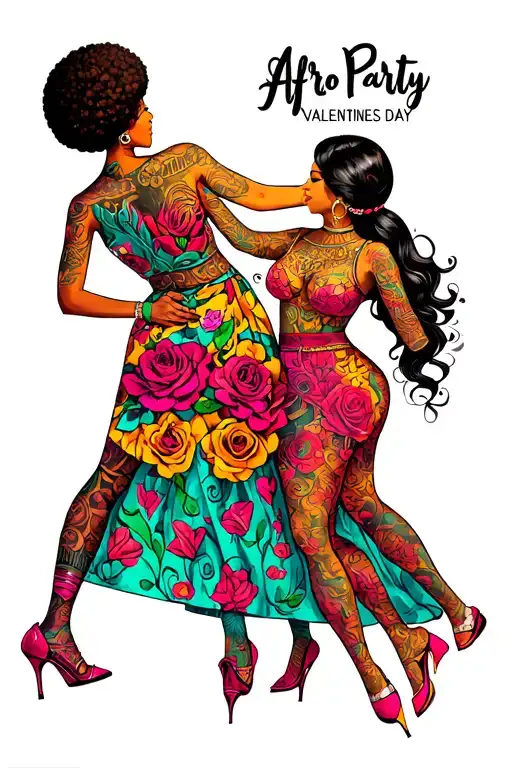 "AFRO PARTY VALENTINES DAY" AFRO PARTY pepole dancing together symbolizing tattoo design idea