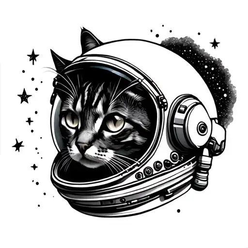 cat wearing astronaut helmet surrounded with stars and galaxy tattoo design idea