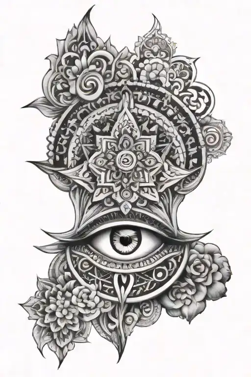 mandala half axis left outer eye temple region black and white symmetrical  tattoo design idea