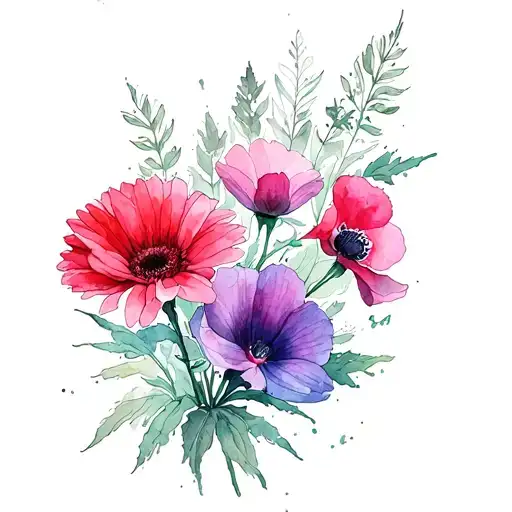 pink gerbera flower, red poppy, violet orchidee fine line tattoo design idea