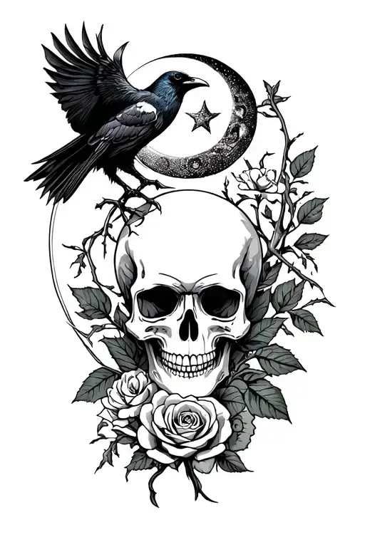 Okay, something with a skull, moon, raven, rose, thorny tendrils... Together Preferably on the outside of the thigh tattoo design idea