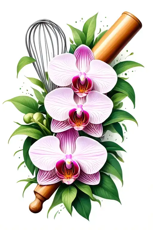 An orchid intertwined with a whisk and rolling pin tattoo design idea
