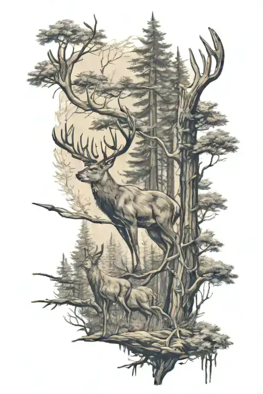 whitetail deer forest scene with archer shooting an arrow tattoo design idea