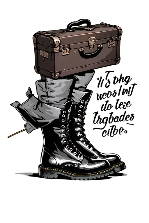 black boots charachter saying with old suitcase adorned tattoo design idea