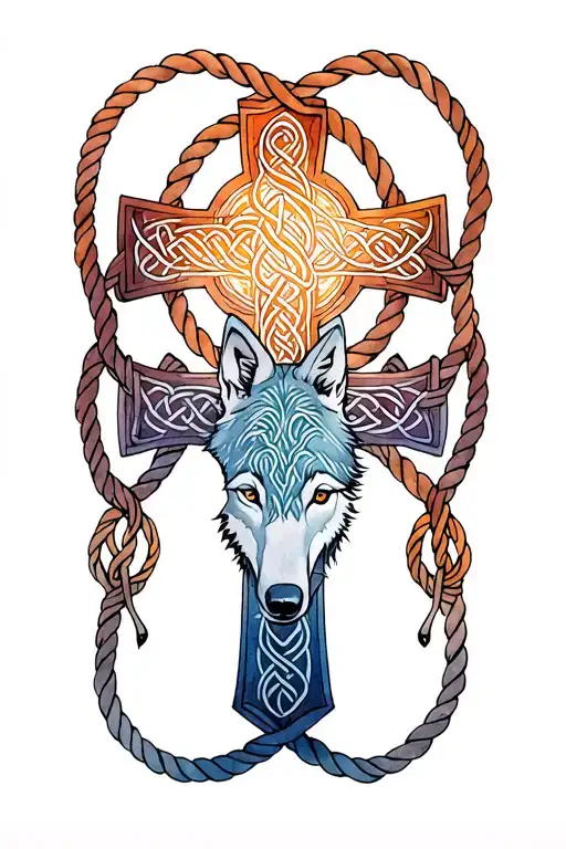celtic cross with wolf surrounded by knots and rope tattoo design idea
