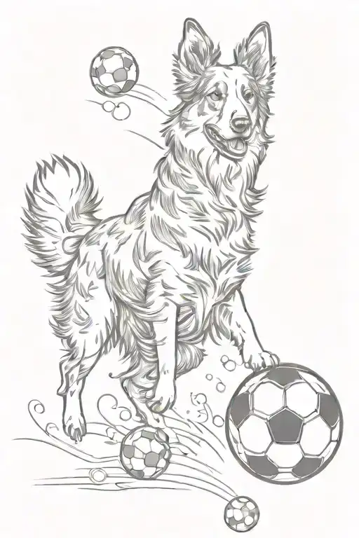 A tattoo design of a soccer ball and a mini Australian shepherd chasing it, showcasing love for sports and animals tattoo design idea