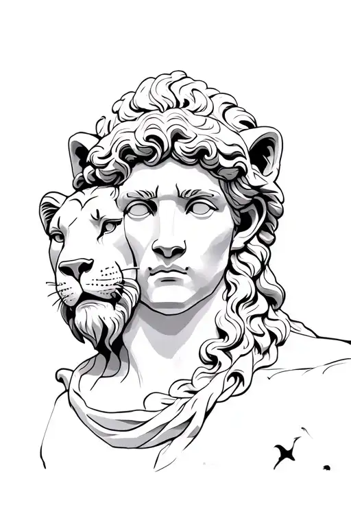 Greek Statue with a lion tattoo design idea