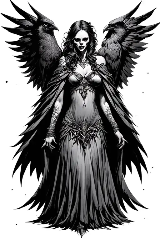 The Morrigan Goddess of Death and a large crow.  Beautiful but terrifying. Wearing a dress with a cloak.  tattoo design idea