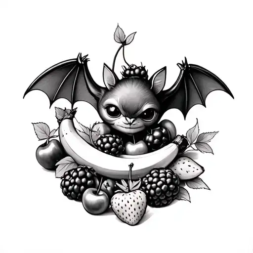 bat with cherries, bananas, blackberries and strawberries together  tattoo design idea