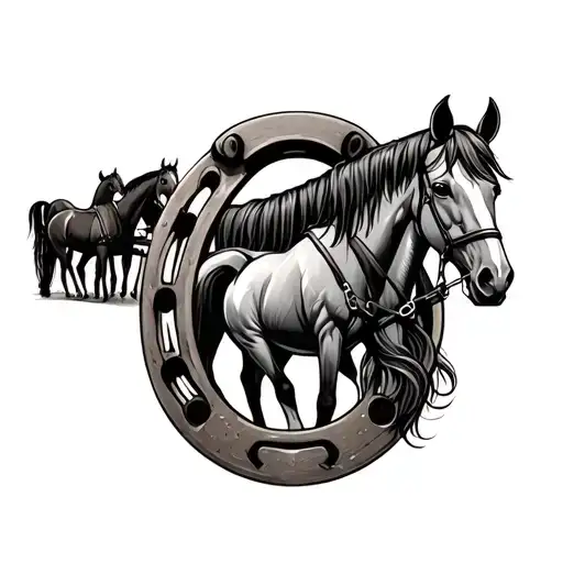 horse shoe with chuck wagon and horses  tattoo design idea