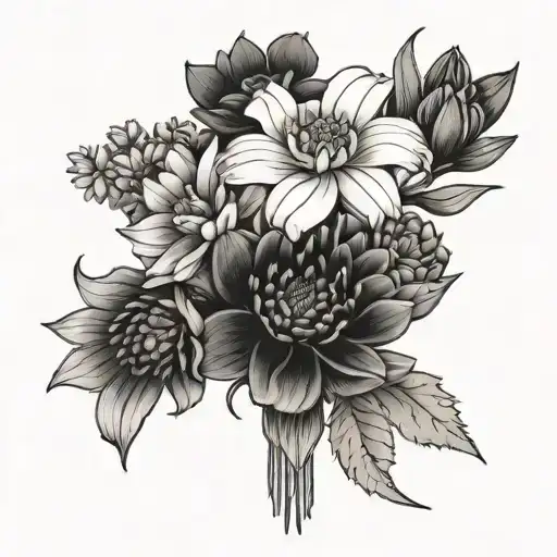 A black, simple, minimalist tattoo flower bouquet including a violet, marigold, chrysanthemum, and two narcissus   tattoo design idea