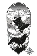 border collie face compass in mountain scene tattoo design idea