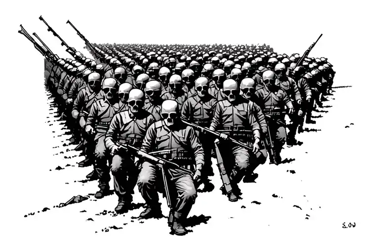 distant distressed army war ww2 30 soldiers. all with skull masks. SMALL and simple and unclear tattoo design idea