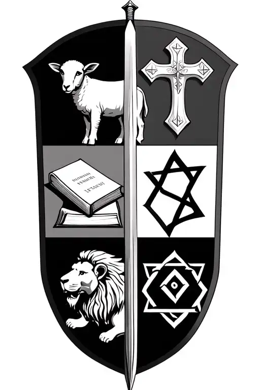 a shield with a sword dividinge the image into 4 parts and on the shield a Lamb, Lion, Bible, and a Jewish cross tattoo design idea