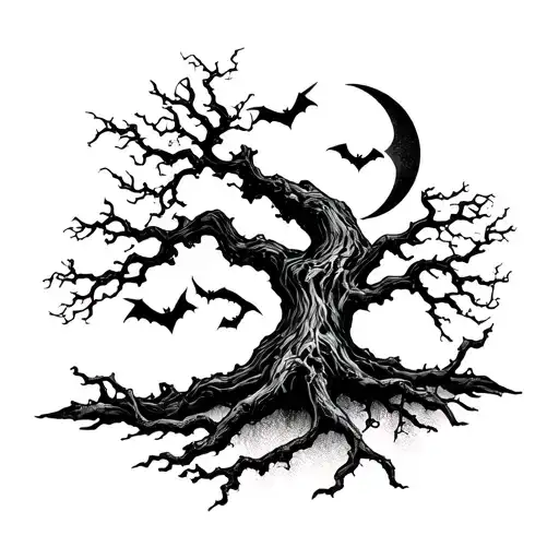 poison tree with bats and moon tattoo design idea