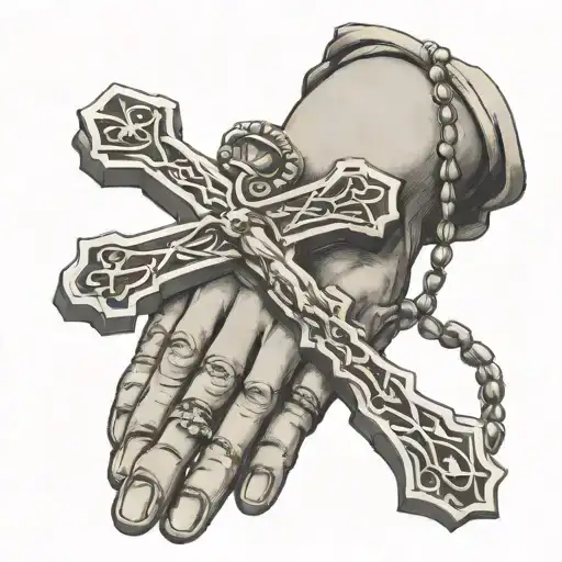 hands holding cross rosary tattoo design idea