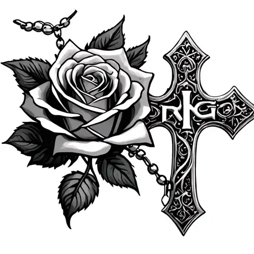 rose and cross rosary with RG initials tattoo design idea