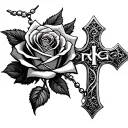 rose and cross rosary with RG initials tattoo design idea
