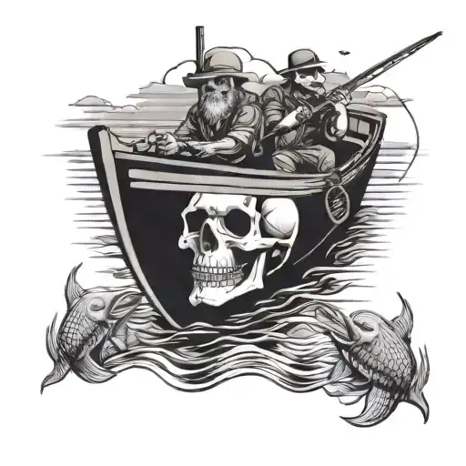 greatful dead skull with 2 men fishing on a boat with a sunset  tattoo design idea