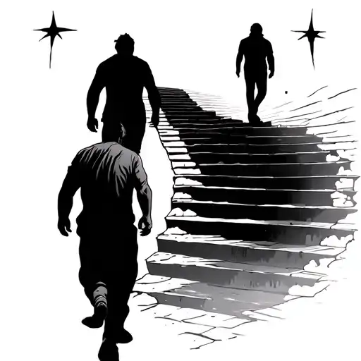 stairway to heaven with man walking up and stars above the stair tattoo design idea