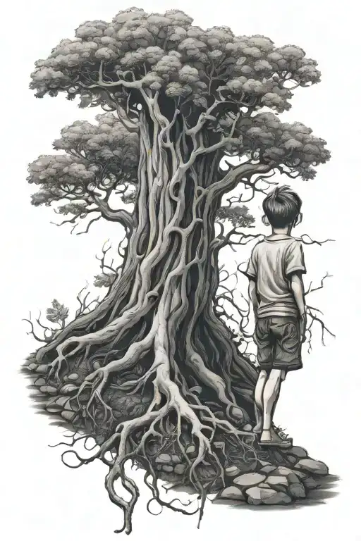 little boy looking up to tall poison tree roots growing tattoo design idea