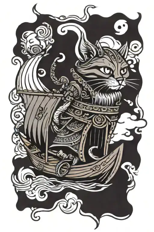 Viking cat and a Viking boat  tattoo design idea