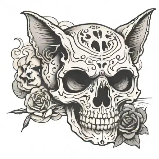 Cat skull and smokes tattoo design idea