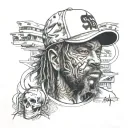 James Dewitt Yancey with stussy detroit cap and a detroit warmup shirt tattoo design idea