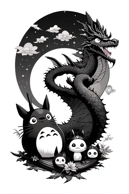 Totoro, Kodama, Susuwatari, Kiki and Jiji Broom, Shikigami Placed All around Haku Dragon. Studio Ghibli Style tattoo design idea