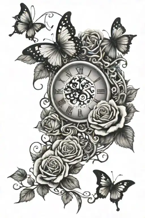 butterflys roses vines wrapping clock embedded tattoo design idea