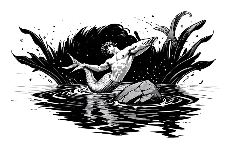 Merman in a lagoon splashing to a pop tune on a boulder tattoo design idea