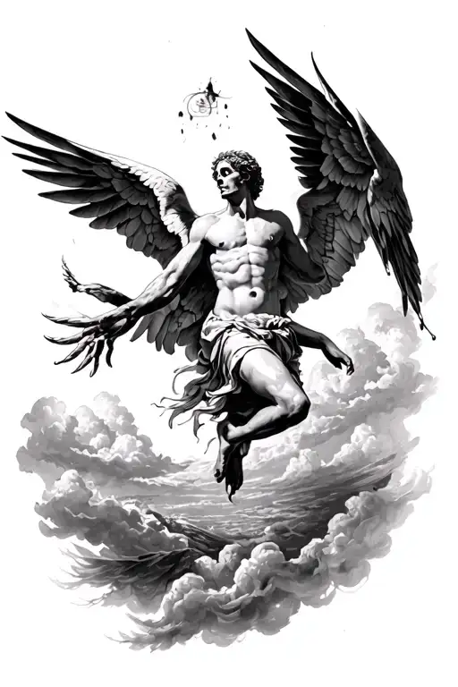 Icarus falling from sky with momento mori memento vivere tattoo design idea