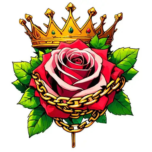   roses and thorns and crown on top with leafs wraped aro u nd like 1 big bush and gold chains coving the buse the rose  tattoo design idea