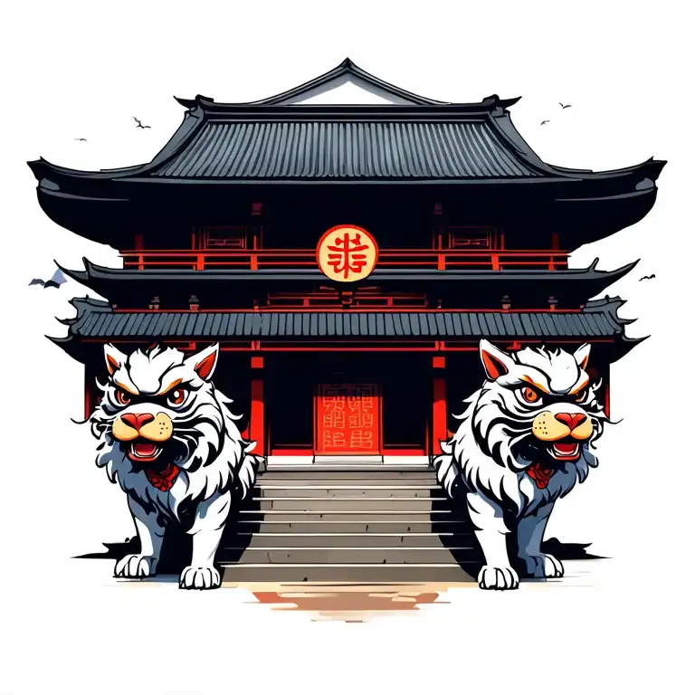 Japanese temple with two foo dog guarding tattoo design idea