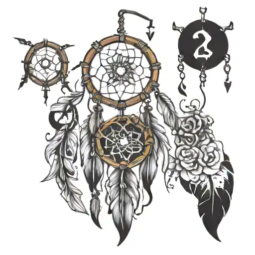 An intricate neotraditional tattoo of a dreamcatcher with accounting symbols and musical notes woven into the design, reflecting the client's love for daydreaming and music tattoo design idea