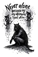 "Never alone because my demons travel with me" written with sprites and characters around it, stippling, dots or haze tattoo design idea
