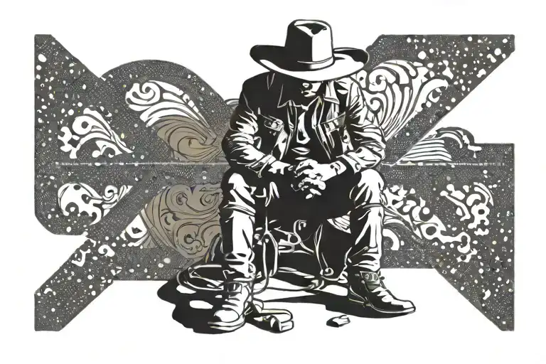 silhouette of a cowboy that is kneeling down next to a cross tattoo design idea