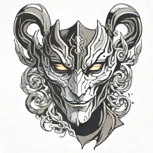 jhin from league of legends, mask split in half tattoo design idea